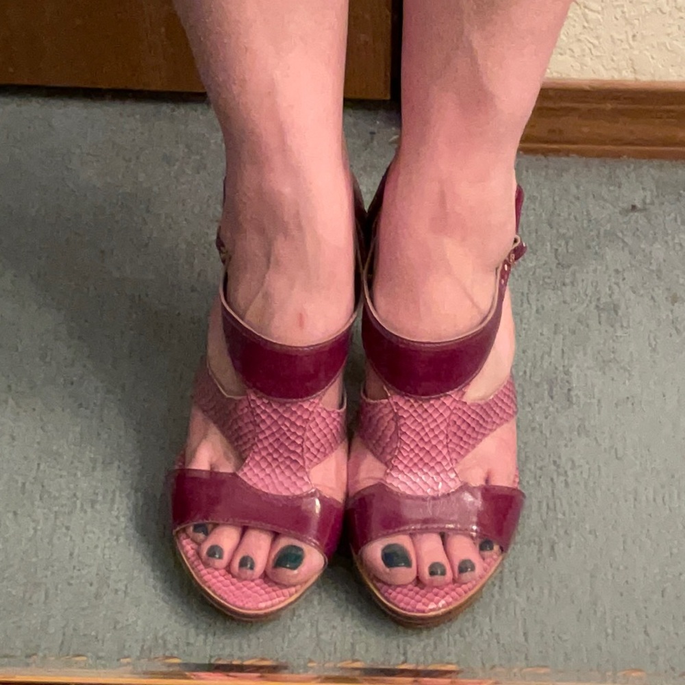 Bakers Pink & Burgundy Reptile Print Sandal Heels